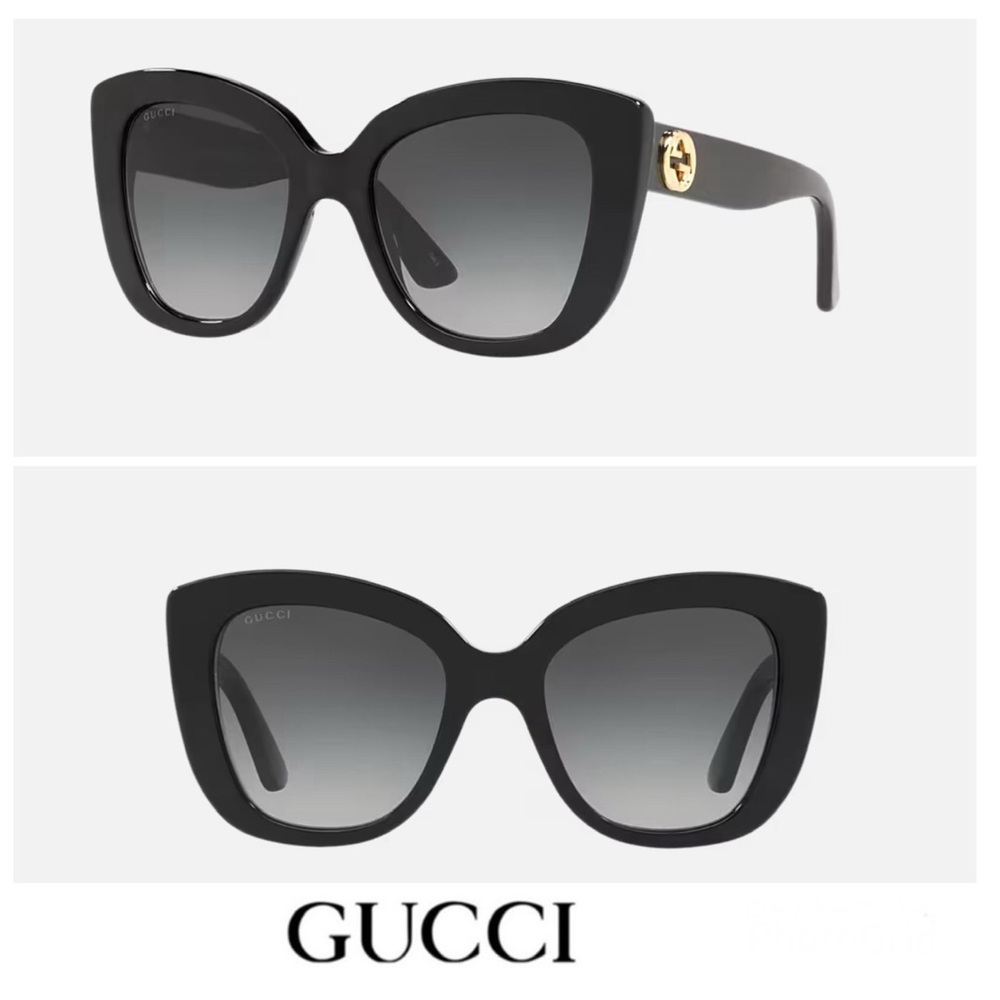 GUCCI Italy GG0327 S Cat Eye Gray Gradient Lens Black Frame Gold Logo Sunglasses